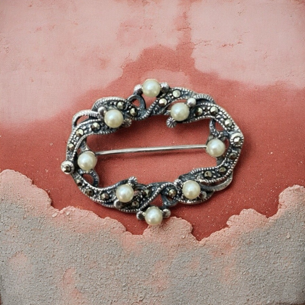 Sterling Silver Brooch with Seed Pearls
